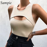 Khaki Knitted Women Hollow Out Ribber Slim Mini Crop Tops 2021 Summer Sexy Club Cut Out Tank Tops Basic Camis Vest