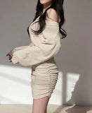 Sexy Rib V Neck Off Shoulder Long Sleeve Mini