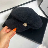 autumn winter soft Imitation mink pearl flower button leisure newsboy lady Octagonal hat women visors