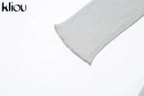 Kliou Knitted Dress Women Sexy See Through X-Long Hoody Tops+One Shoulder Drawstring Ruched Robe Skirt Hipster Future