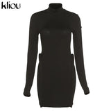 Kliou Knitted Stitching Mini Dress Women Hipster Skinny Three-Dimensional Decoration Bodycon Long Sleeve Turtleneck