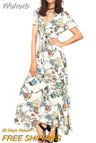 V-Neck Loose Long Print Summer Dress Women Elegant Casual Beach Dress Women Vacation Bohemian Short Sleeve Dresses 19138-Outfit
