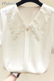 Women Casual Solid Loose Short Sleeve Chic Chiffon Shirt 2023 Summer Fashion Clothes Lace Patchwork All-match Sweet Blouses Tops 1028-0-Outfit