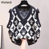 Women Cartoon Printted Knitted Vests Casual V-neck Oversized Loose Sleeveless Sweaters Tops Girl Korean Knitted Waistcoat 2022-Outfit