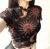 Sheer T-shirt See-through Moon Stars Print Tee Tops Summer Fashion Ruffles Short Sleeve Women Crop Top Hot