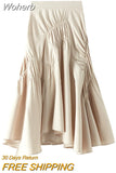 Women Ins Solid Color Pleated Asymmetrical A-line Skirt Casual High Waist Mid-length Long Skirt For Spring Summer QT2044-Outfit