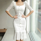 2 Piece Outfit Elegant Women Chic White Square Collar Short Crop Tops Shirt Blouse Mermaid Midi Skirt Slim Femme Mujer Sets-Outfit