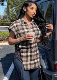 Sexy Plaid Bandage Hollow Out Button Sleevess