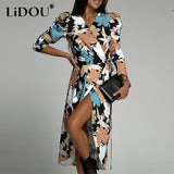 Autumn Vintage Floral Print V-neck Lace Up Dress Women Sexy Elegant Fashion Irregular High Slit Dresses Long Sleeve Robe-Outfit