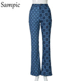 Y2K Women Casual Summer Tracksuit Denim Print Pants Set Short Sleeve Shirt Tops And Skinny Pants Long Two Piece