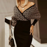 Elegant Women Dress 2021 Autumn Fashion Long-sleeved Sexy Deep V Neck Slim Party Dresses Vintage Printed Ladies Dress