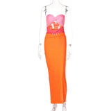 Color Block Strapless Hollow Out Pleated Sexy Maxi Dress Bodycon 2022 Summer Women Outfits Beachwear Elegant
