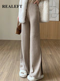 Winter Thick Knitted Women's Wide Leg Pants Side Split Elastic Waist Solid Straight Long Pant 2022 Casual Trouses