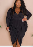 Plus Size V-neck Long SLeeve Ruched Irregular Party
