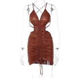 Solid Satin Sleeveless Backless Halter Slim Hollow Out Pleated Bodycon Sexy Mini Dress 2021 Fall Women Elegant