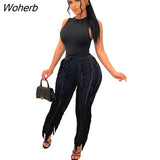 Sleeveless Tops Tassel Pants Set Two Piece Suit Fringe Wide Leg Trousers Summer Spring Matching 2pcs Outfits Women-Outfit