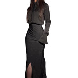 Woherb 2023 New Fashion Temperament Elegant Heavy Industry Diamond Split Hip Skirt Set-Outfit