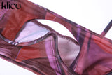 Kliou Mesh Printing Two Piece Set Women Sexy Cut Out Cleavage Camisole+Mid Waist Color Blocking Pants High Streetwear Lady