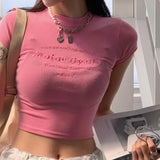 Woherb Spice Girl Personality Letter Embroidered Short-Sleeved T-Shirt Women's Solid Color Slim Crop Round Neck Shoulder Top-Outfit