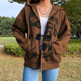 Hooded Jacket Portrait Demon Print Long Sleeve Zip-up Top Coat Streetwear with Pockets Hip Hop Men Women