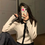 Women Turn Down Collar Crop Top Patchwork Slender All-match Fashion Vintage Korean Style Girls Sexy Sweaters