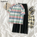 Women Sets Colorful Striped T-shirt Simple Elastic-waist Wild-leg Loose Long Trousers Student Korean Style Casual Comfortable-Outfit