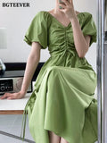 Spring Summer V-neck Drawstring Women Mid-Length Dress Puff Sleeve Slim Waist Casual Female A-line Dress 2022-Outfit