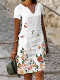 Floral Printed Linen Sleeve Midi V-neck