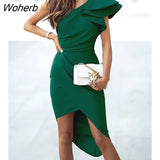 Women Plain One Shoulder Ruffles Slit Ruched Dress 2022 Femme Elegant Asymmetric Midi Robe Lady Prom Clothing traf Vestidos-Outfit
