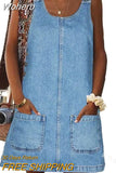 New Women's Solid Color Denim Skirt Sexy Cool Suspender Skirt Dress Sleeveless High Waist Mini Dress Denim-Outfit