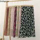 Women Floral Skirts Mid-calf Chiffon Temperament Elegant Female All-match Elastic Waist Tender A-line Leisure Cozy Sweet