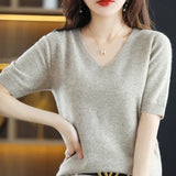Woherb 2024 New Short-Sleeved Sweater Women's T-Shirt Solid Color V-Neck Short-Sleeved Bottom Shirt Top Thin Style A Hair-Outfit