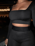 Kliou Biker Style Shorts Two Piece Set Women Autumn Harajuku Simple Square Collar Top+Solid Streak Decoration Sheath