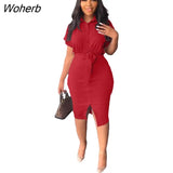 Summer Fashion Casual Shirt Dress Women Elegant OL Button Lace-up Split Shirt Dress Women-Outfit