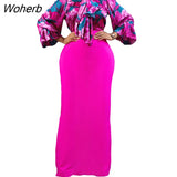 Fashion Two Piece Set African Women Commuter Elegant OL Print Bowknot Lace-up Shirt Long Skirt Two Piece Suit Women-Outfit
