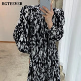 Spring Fashion Stand Collar Women Dress Elegant Long Sleeve Loose Female Lace-up Printed Mid-length Dress Vestidos 2021-Outfit