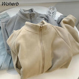 Thick Jackets Women Long Sleeve Stand Collar Zip Up Solid Harajuku Coats for Ladies Baggy Streetwear Lovely Velvet Mujer-Outfit