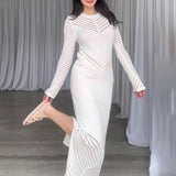 Woherb Women's Fall Round Collar Knit Hollow-Out Dress High Waist Tight Wrap Hip Dress-Outfit