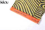 Kliou Sexy Mesh Two Piece Set Women SeeThrough Midnight Style Striped Color Blocking Top+Letter Print High Stretchy