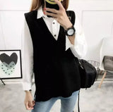 V-Neck Knitted Vest Autumn Casual Sleeveless Solid Sweater Vest Korean Preppy Winter Loose Split Lady Jumper Tops