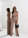 Faitry Face Solid-Colored Collared Folded Fork Vest Top Broad Leg Trousers Set
