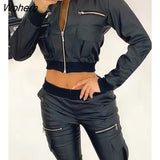 Autumn Women PU Leather Zipper Front Short Jacket 2022 Femme Patchwork Pocket Design Coat Lady Outfits Cool Clothing y2k-Outfit