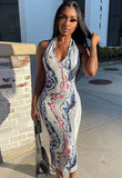 Sexy Printed U Neck Halter Backless Bodycon Long
