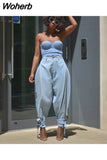 Women Casual Wide Leg Bandage Jeans Autumn Fashion High Waist Loose Trousers Light Blue Plus Size Pants Streetwear Hot 1119 729-0-Outfit