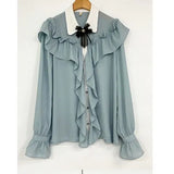 Cute Retro Vintage Ruffles Bow Tie Ribbon Tops Flhjlwoc Basic Elegant Work Formal Single Breasted Button Solid White