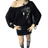 Dark Black Style Retro Print Irregular Design Slanted Shoulder Skirt Street Personality Loose Thin