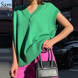 Knitted Y2K Green Sleevess Sweater Vest Women Tops Jersey 2021 Autumn Winter V Neck Casual Pullover Jumpers Korean