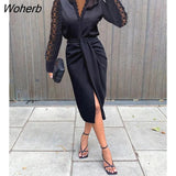 Women Contrast Lace Long Sleeve Midi Dress 2022 Femme V Neck Tied Detail Skinny Slit Robe Office Lady Work Outfits traf-Outfit