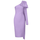 Colors High Quality Runway Bownot One Sleeve Orange Purple Long Sleeve Rayon Bandage Dress Party Bodycon Dress