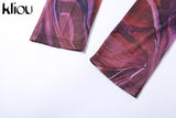 Kliou Mesh Printing Two Piece Set Women Sexy Cut Out Cleavage Camisole+Mid Waist Color Blocking Pants High Streetwear Lady
